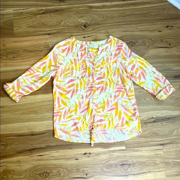 CORAL BAY Womens Leaf Print Convertible Sleeve Linen Blend Button Up Shirt Sz XL - Picture 1 of 8